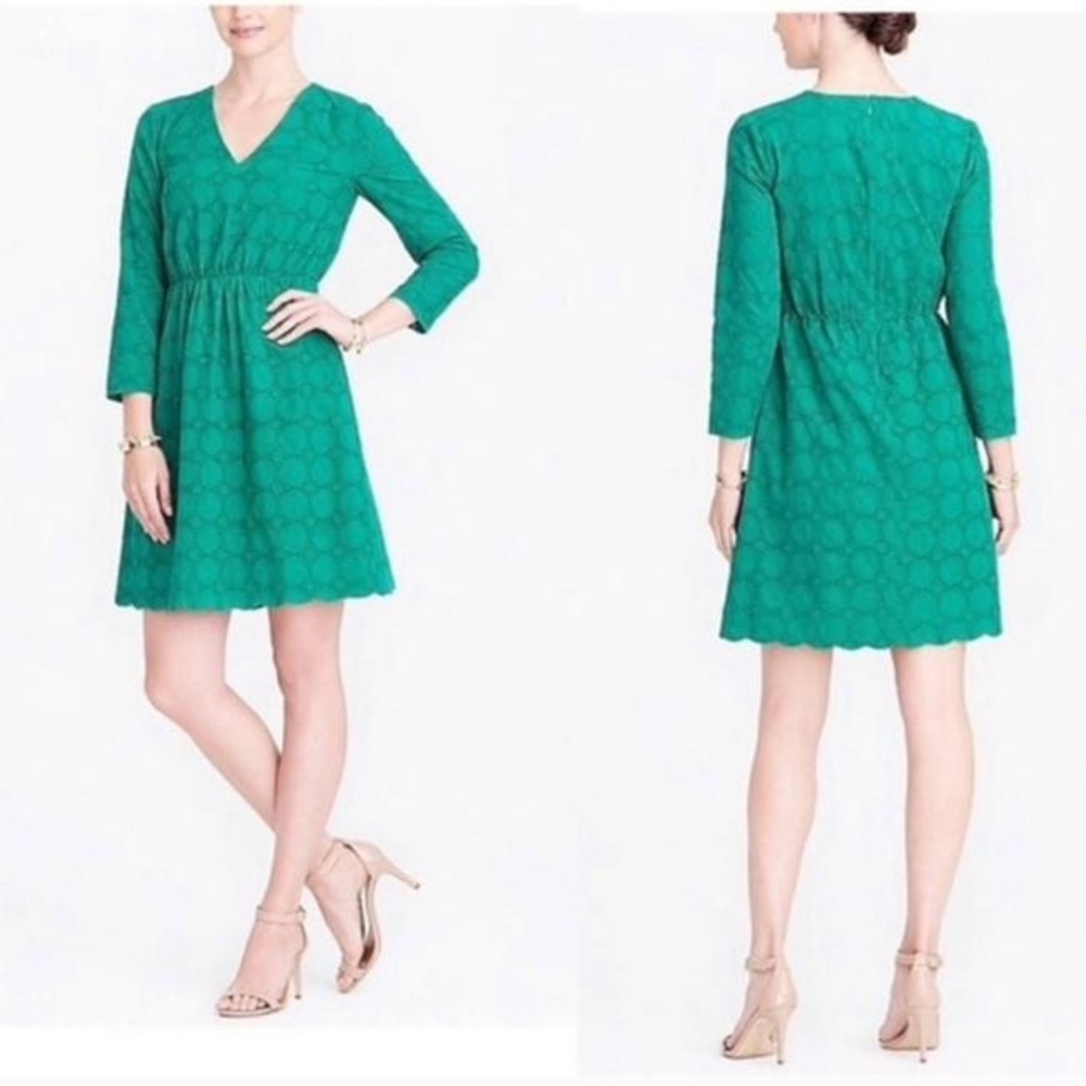 JCrew Green Scallop Lace Cocktail 3/4 sleeve Dress